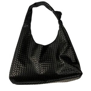 Black Woven Faux Leather Hobo Shoulder Bag Knot Strap‎ Large Tote